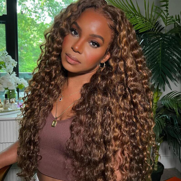 Lace Frontal Perruques Brown Highlight Big Curly 13 * 4 Water Wave Cheveux Humains
